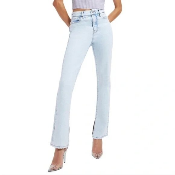 Good American Denim - Good American Good Classic Slim Straight Jeans Ankle Slit Distressed Size 12